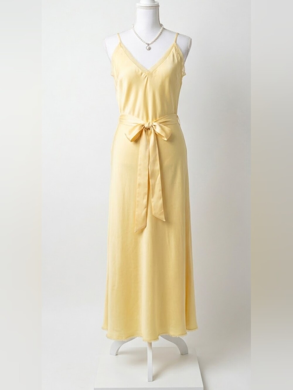 FRAME Yellow Satin Slip Dress Midi Belted V-Neck Lace Trim Size M
